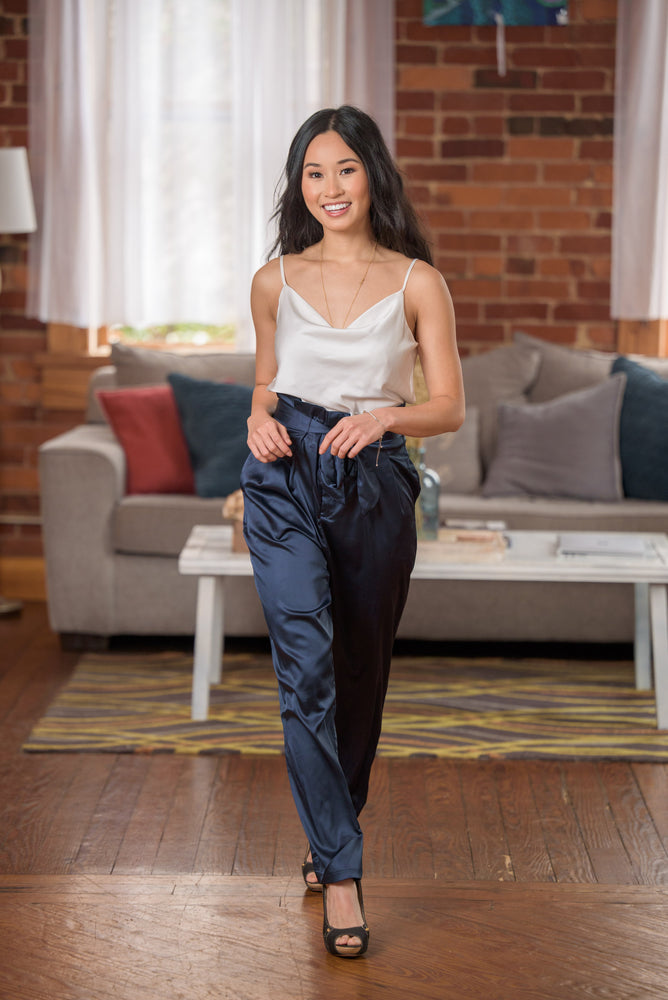 Nia Navy Blue Satin Pants - Boutique Amore