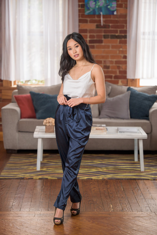 Nia Navy Blue Satin Pants - Boutique Amore