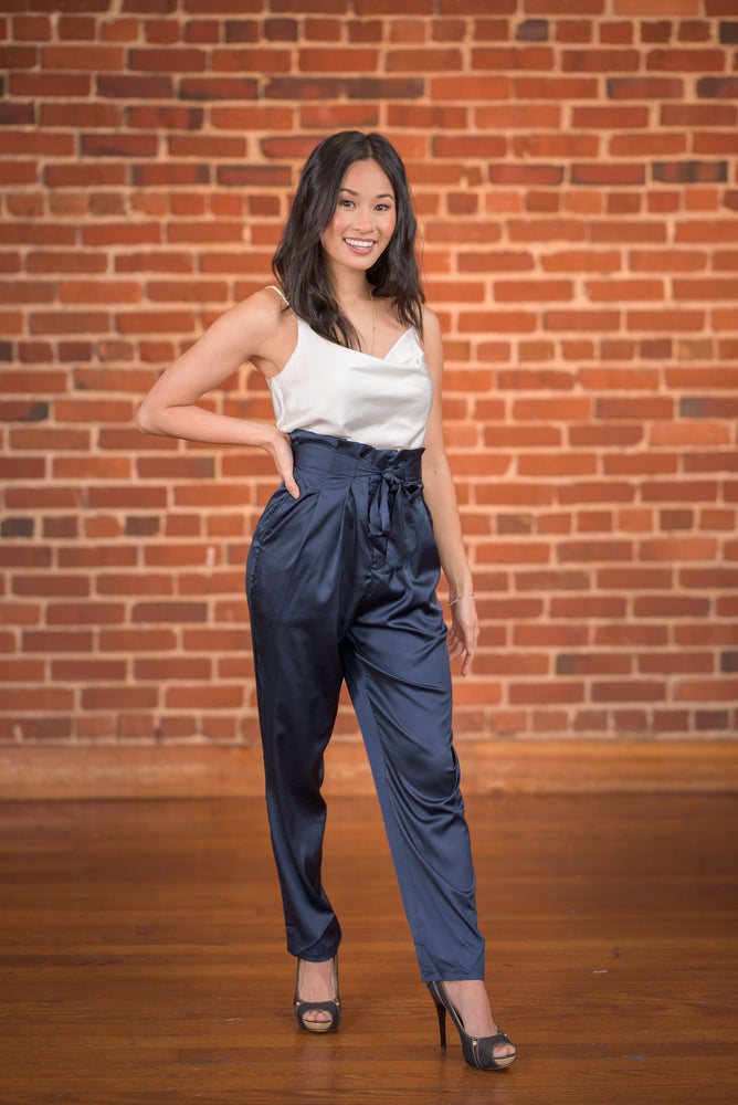 Nia Navy Blue Satin Pants - Boutique Amore