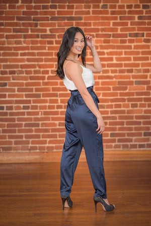 Nia Navy Blue Satin Pants - Boutique Amore