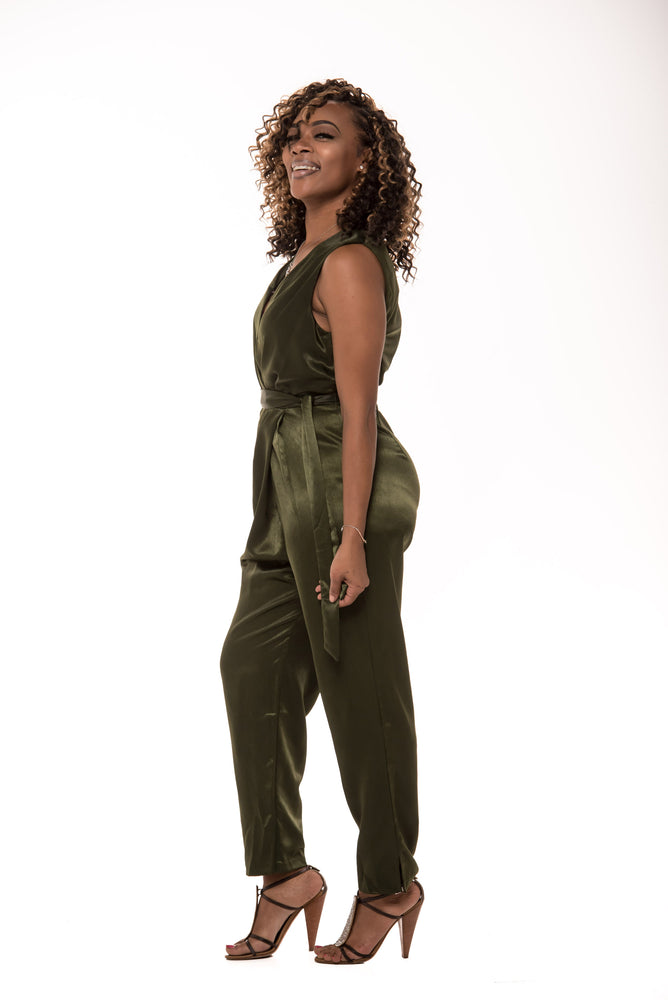 Giselle Olive Green Satin Jumpsuit - Boutique Amore