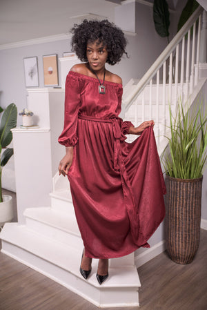 Spiced Wine Off-Shoulder Maxi Dress - Boutique Amore