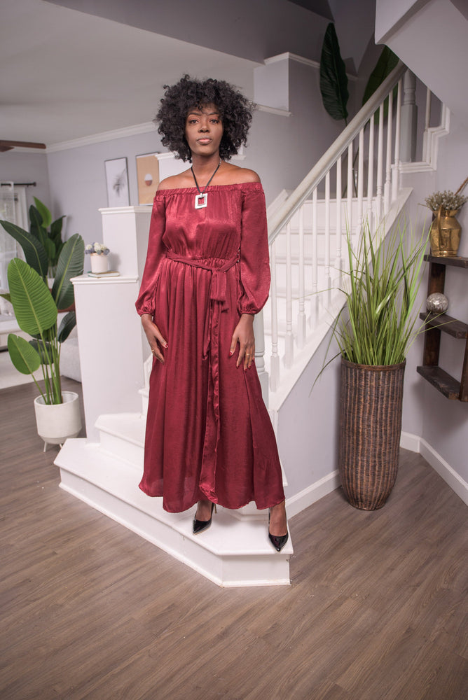 Spiced Wine Off-Shoulder Maxi Dress - Boutique Amore