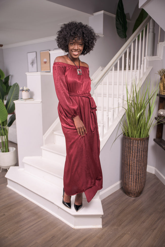 Spiced Wine Off Shoulder Maxi Dress