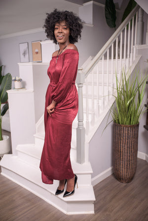 Spiced Wine Off-Shoulder Maxi Dress - Boutique Amore