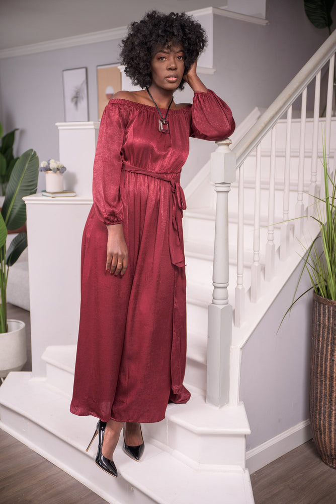 Spiced Wine Off-Shoulder Maxi Dress - Boutique Amore