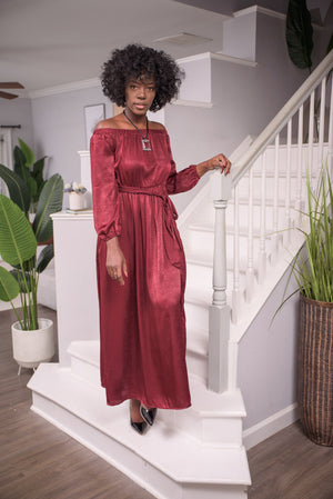 Spiced Wine Off-Shoulder Maxi Dress - Boutique Amore