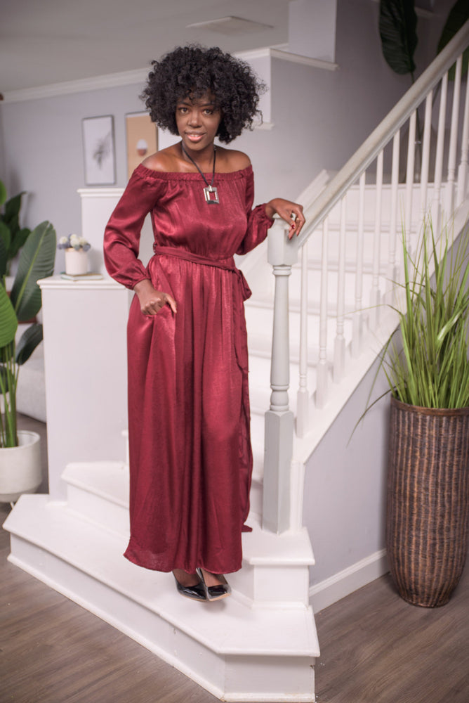 wine off shoulder dress Velvet Off Shoulder Midi Dress